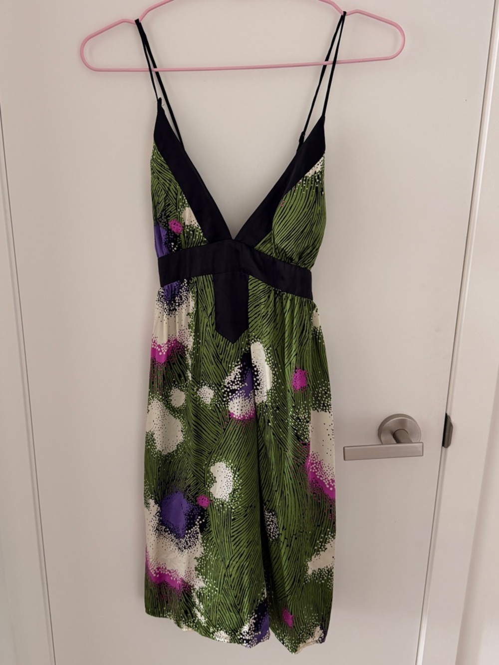 RARE 100% SILK Green Printed Dress with Black Trim